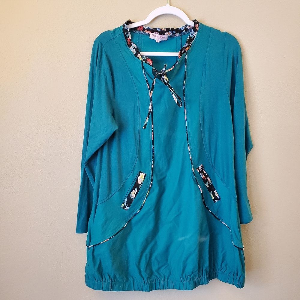 Pomme Rouge Paris Blue Split V-Neck Tie Front Peasant Tunic Blouse Boho XL